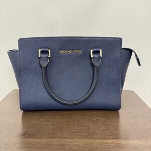 Michael‎ Kors Selma Leather Top Zip Satchel Handbag Medium Navy Blue Structured